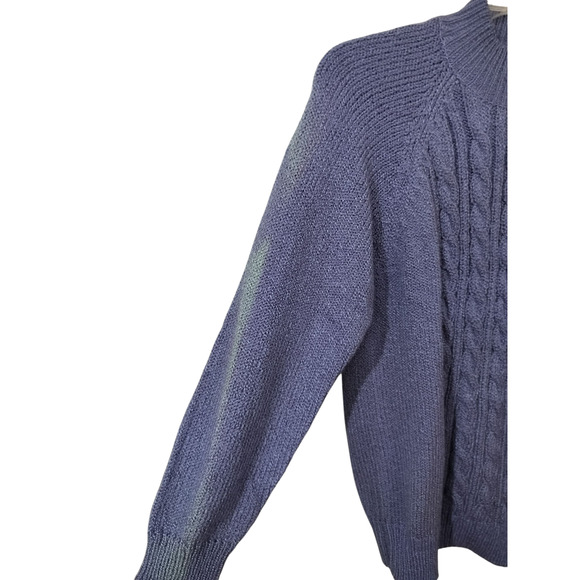 3448) Karen Scott Purple Heather Cable Knit Mock Neck Pearl Button Sweater Sz M - Picture 3 of 7